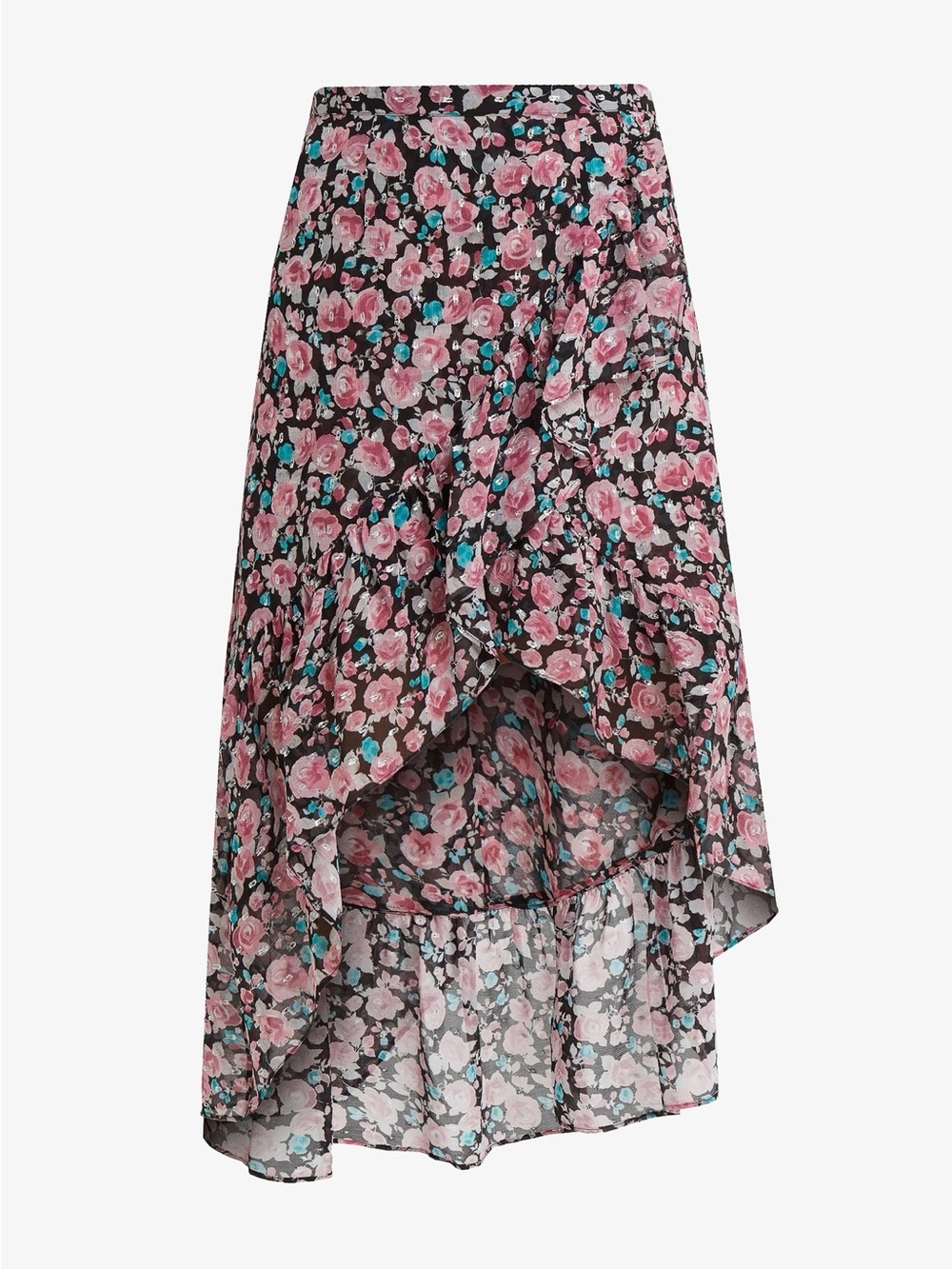 The Kooples Candy Floral Silk Pink High-Low Ruffle Skirt